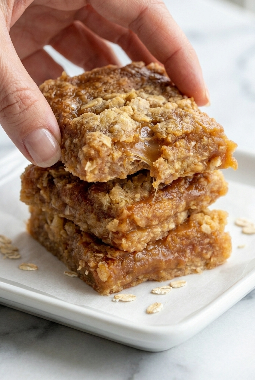 Close-up texture of the golden-brown shortbread crust of Caramel Crush Bars on a minimalist ceramic vessel.