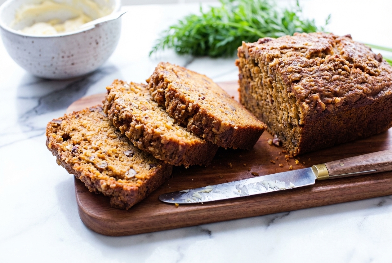 Carrot Cake Bread with a golden brown butter and ground walnut crust on a white marble surface with natural lighting.