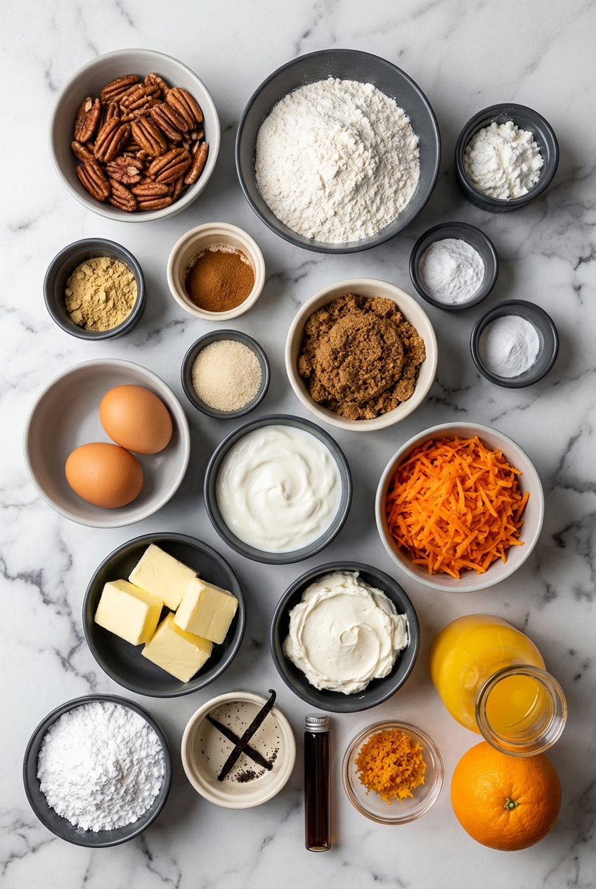 Flat lay of ingredients for Carrot Cake Bread including grated carrots, walnuts, and warm spices on a contemporary countertop.