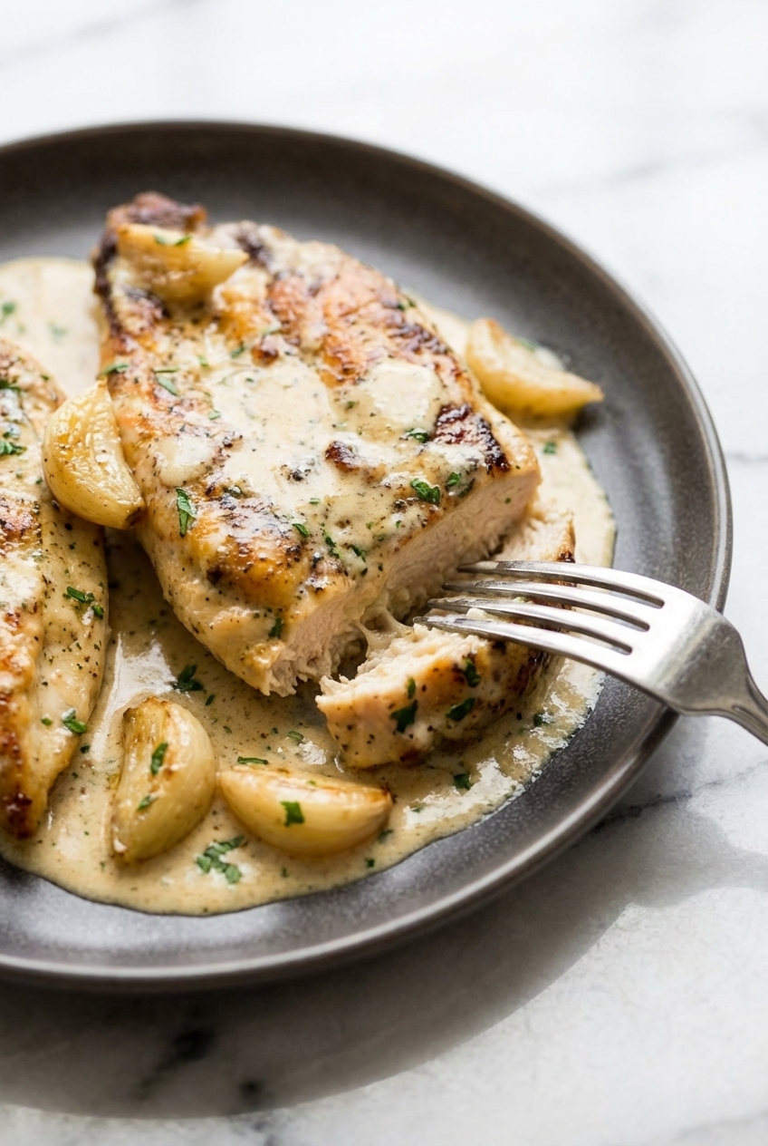 Searing chicken cutlets in an iron skillet to achieve a golden Maillard reaction for Creamy Garlic Chicken.