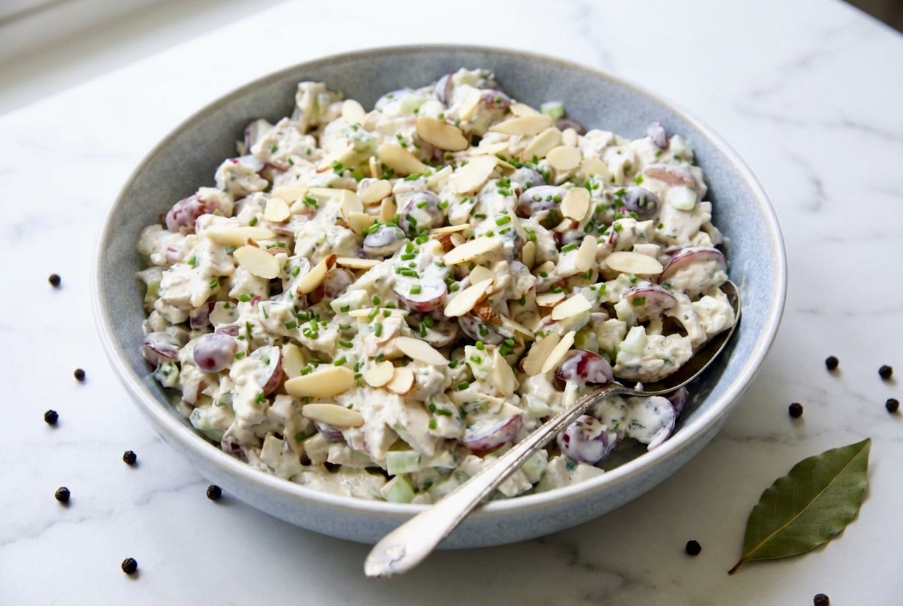 Creamy Chicken Salad With Grapes in a minimalist ceramic bowl on white marble, featuring tender cold-start poached chicken.