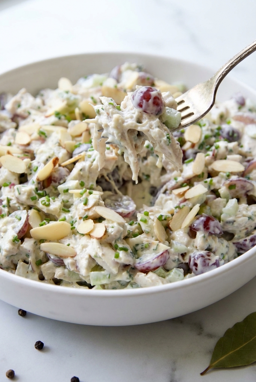 Macro shot of Chicken Salad With Grapes showing the creamy Greek yogurt dressing and fresh tarragon flecks on white marble.