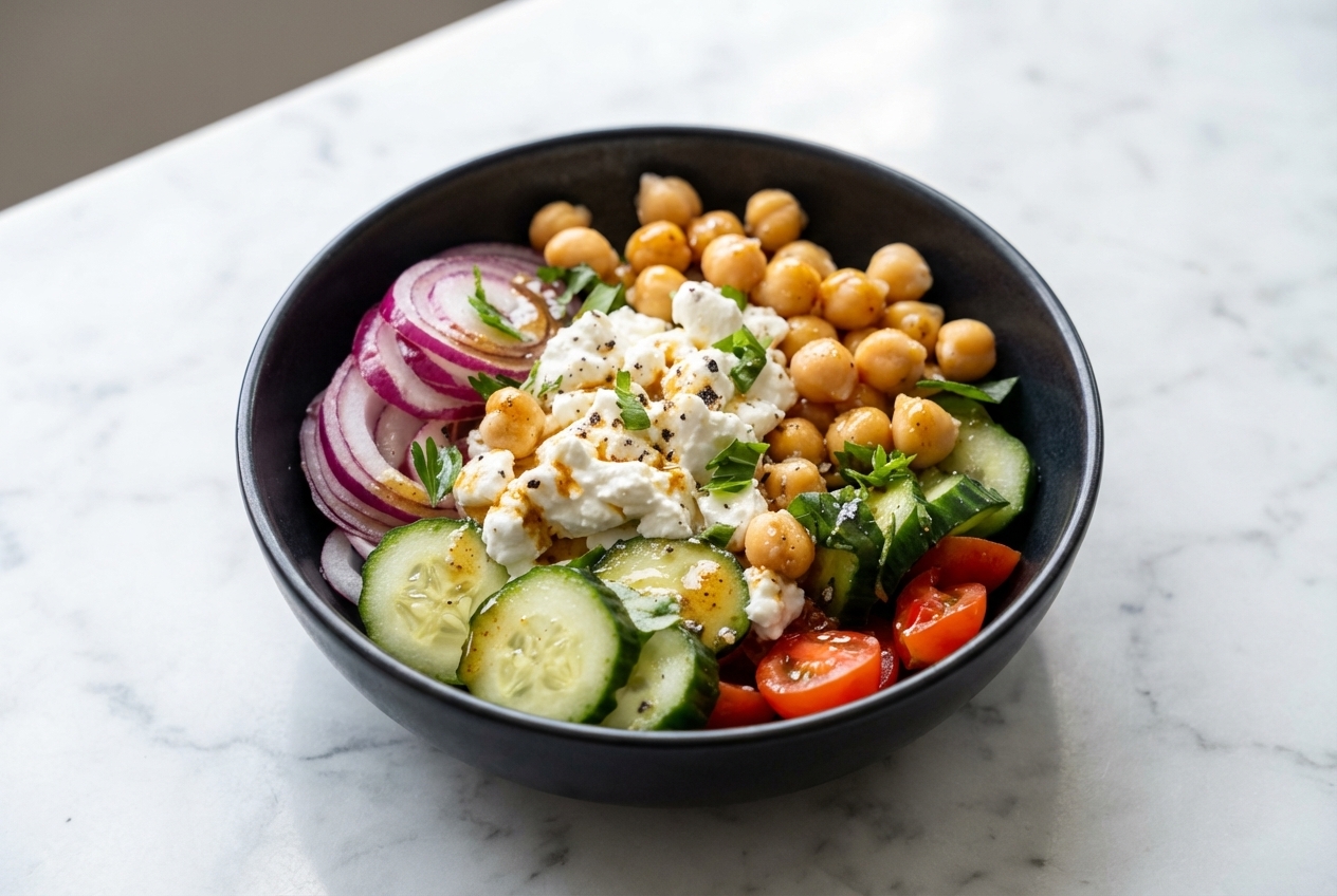 Chickpea & Cottage Cheese Power Salad in a minimalist ceramic bowl on a white marble surface with warm-infused spiced dressing.