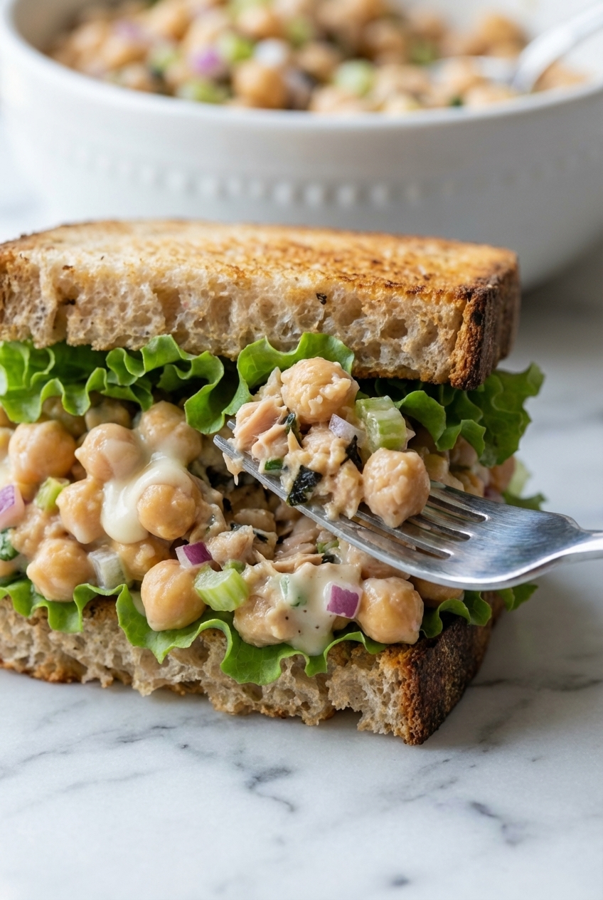 Close-up texture of mashed Chickpea Tuna Salad with dulse seaweed in a minimalist vessel under natural light.