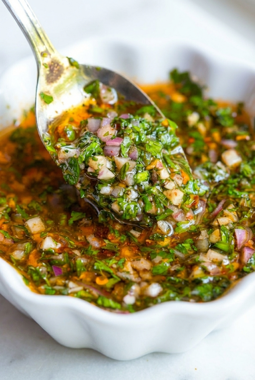 Close-up of Chimichurri Sauce emulsion in a ceramic vessel under natural window lighting, highlighting the herb textures.