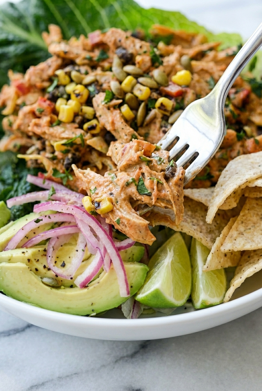 Close-up macro of Chipotle Lime Chicken Salad showing the texture of charred corn kernels and golden toasted pepitas.