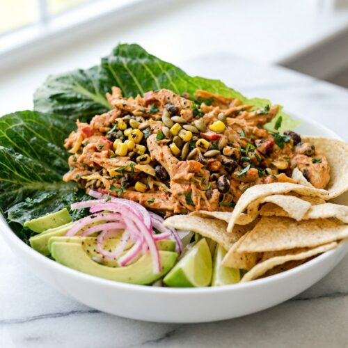 Chipotle Lime Chicken Salad in a minimalist ceramic bowl on a white marble surface topped with fire-roasted corn.