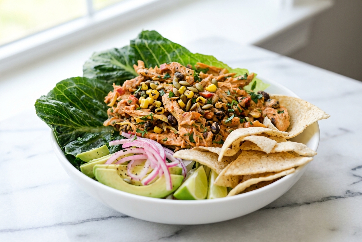 Chipotle Lime Chicken Salad in a minimalist ceramic bowl on a white marble surface topped with fire-roasted corn.