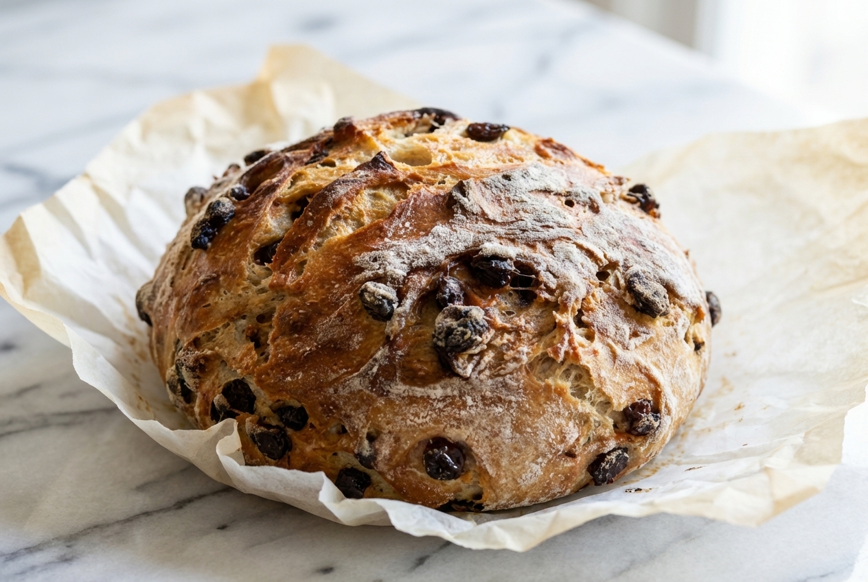 Cinnamon Raisin Artisan Bread with plump tea-soaked raisins on a white marble surface under natural lighting.