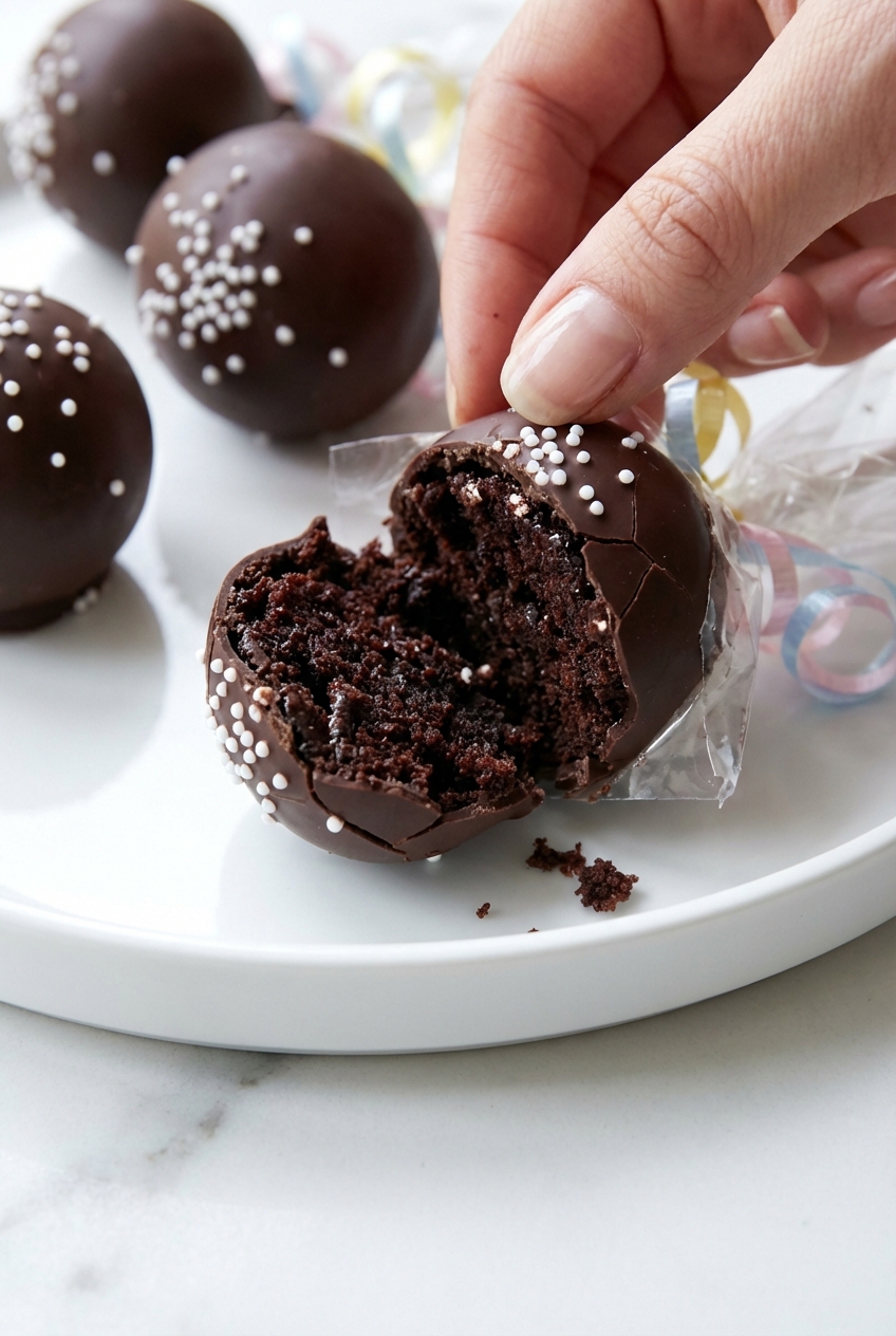 Macro view of the smooth chocolate coating texture on Classic Cake Pops in a minimalist ceramic vessel with soft shadows.