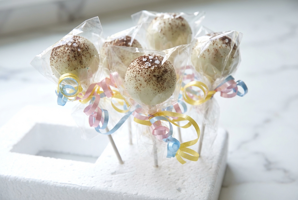 Close-up of Classic Cake Pops with salted espresso glaze on a white marble surface under natural window lighting.