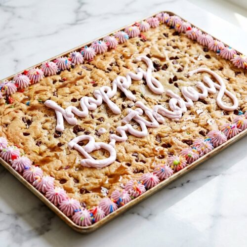 Cookie Cake Recipe featuring brown butter and espresso on a white marble surface with natural window lighting.