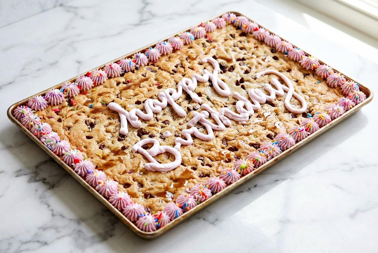 Cookie Cake Recipe featuring brown butter and espresso on a white marble surface with natural window lighting.