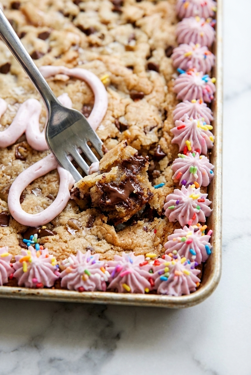 Macro view of a Cookie Cake Recipe slice showing the Maillard reaction on the golden crust and melted chocolate chips.