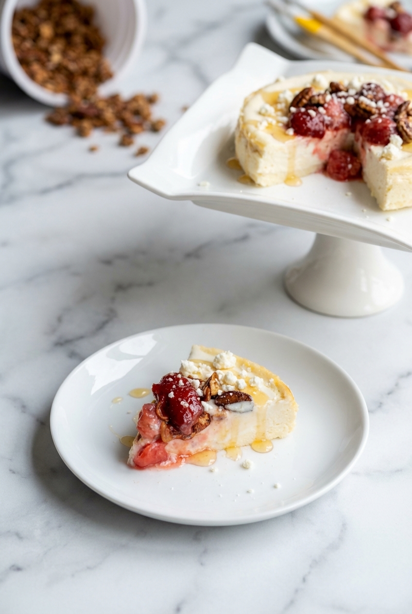A whole Cottage Cheese Cheesecake resting in a springform pan on a marble surface, showcasing a flawless finish achieved through a bain-marie.