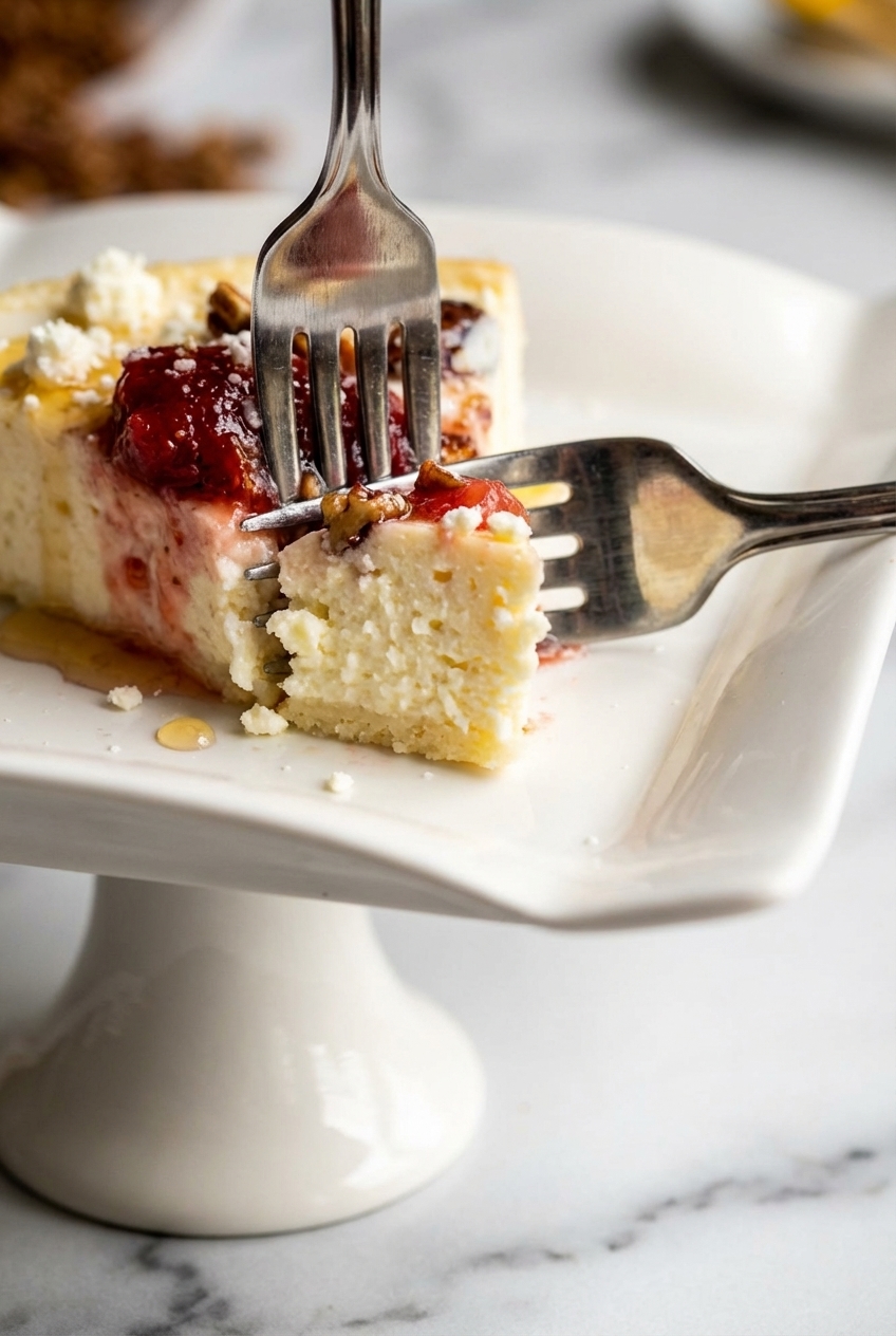 Macro view of the Cottage Cheese Cheesecake texture showing perfect emulsification and a silky crumb on a minimalist ceramic plate with soft shadows.