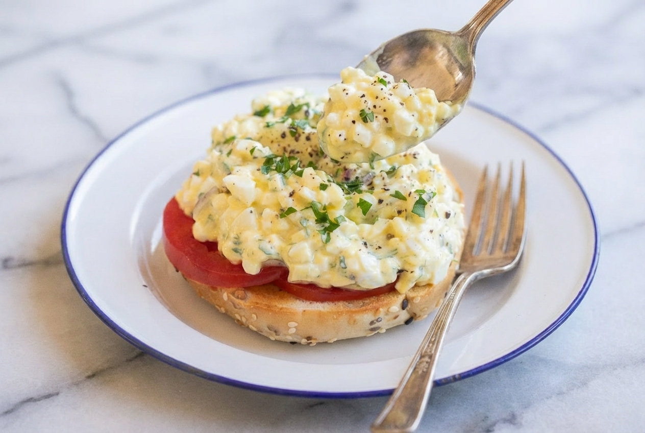 Cottage Cheese Egg Salad featuring a dual-texture emulsion in a white ceramic bowl on a marble surface with soft shadows.