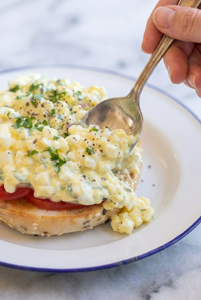 Close-up of the smooth golden emulsion and whole curds in Cottage Cheese Egg Salad on a white marble surface.