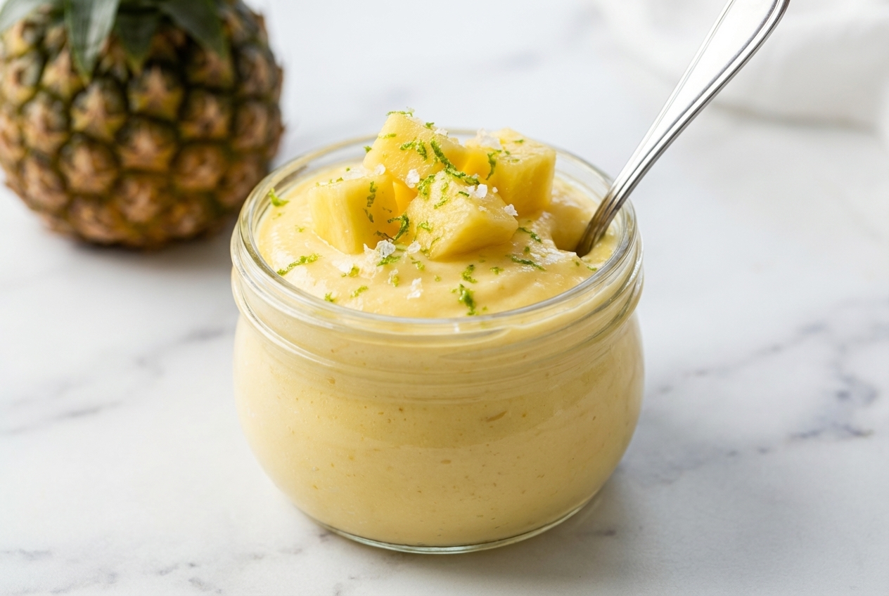 Cottage Cheese Pineapple Mousse Cups in minimalist ceramic vessels on a white marble surface with a lime-zest sea salt finish.