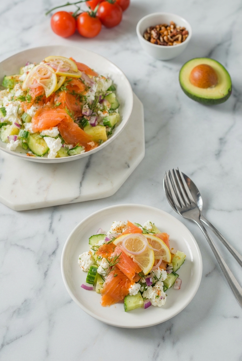 Close-up of the tender smoked salmon and creamy cottage cheese texture on a contemporary white marble surface.
