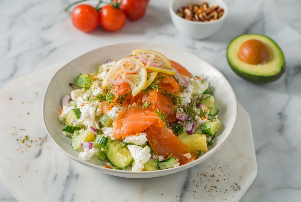 Cottage Cheese Smoked Salmon Salad with flash-pickled lemon shallots in a minimalist ceramic bowl on white marble.