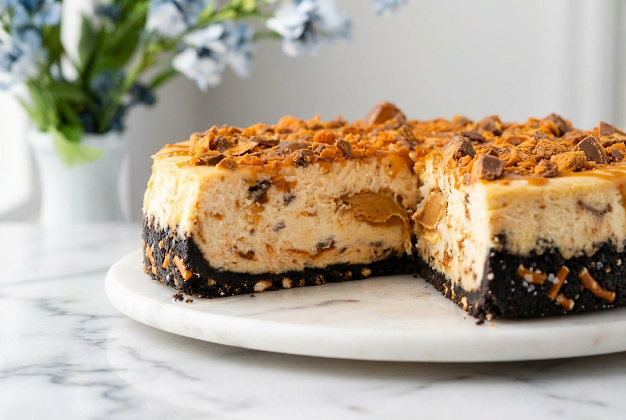 Creamy Butterfinger Cheesecake slice featuring a Salted Pretzel-Oreo crust on white marble with natural window lighting.