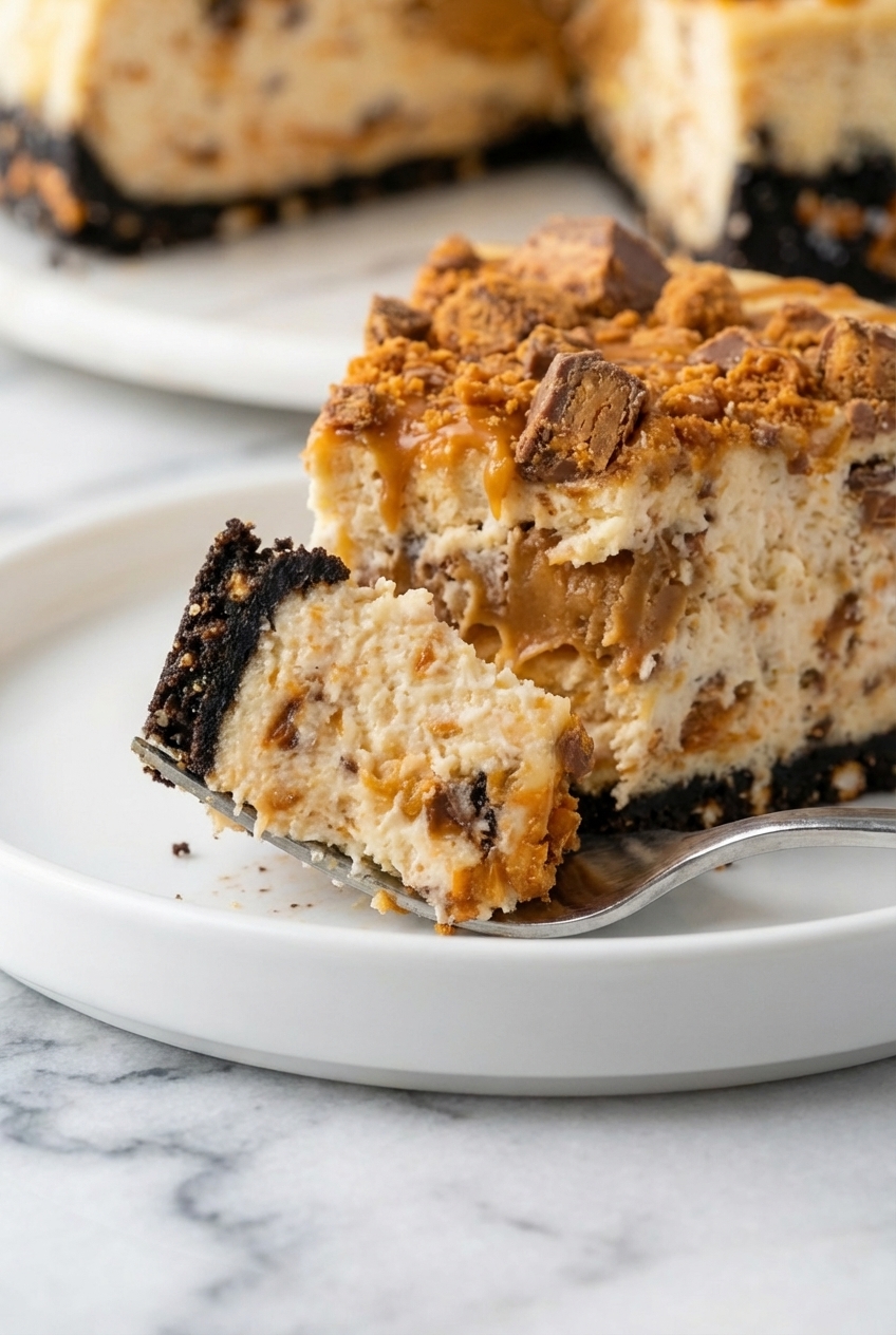 Macro view of the smooth texture of Creamy Butterfinger Cheesecake baked in a water bath on a white marble surface.