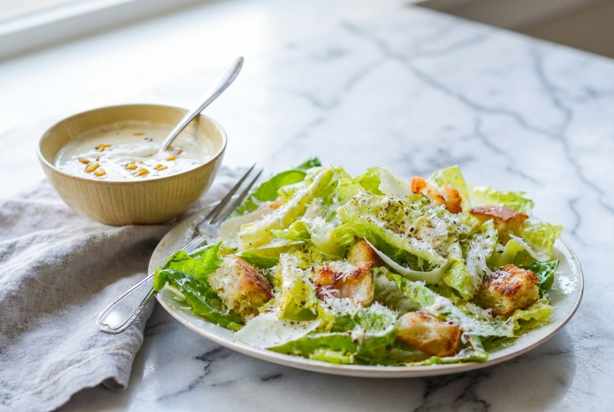 Creamy caesar salad dressing recipe with roasted garlic and miso maceration in a minimalist ceramic bowl on white marble.