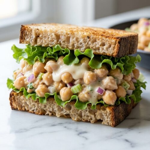 Chickpea Tuna Salad with savory white miso dressing in a ceramic bowl on a white marble surface.