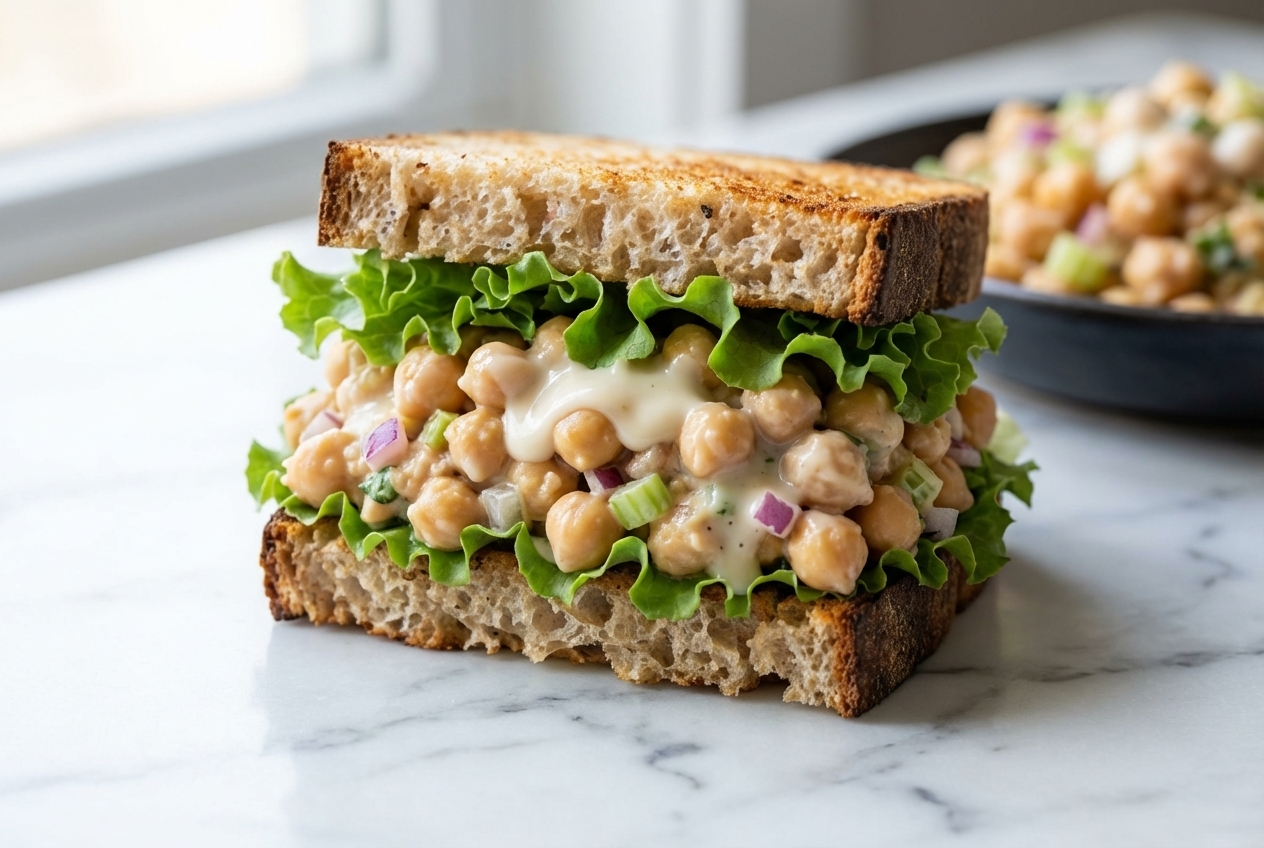 Chickpea Tuna Salad with savory white miso dressing in a ceramic bowl on a white marble surface.