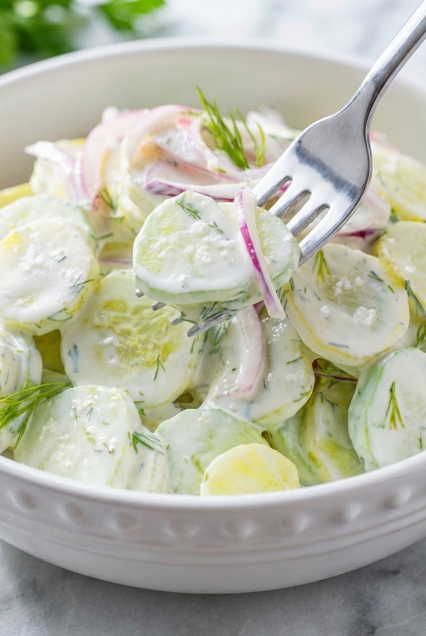 Close-up texture of sliced English cucumbers in a creamy cucumber salad, highlighting the crunch achieved through osmosis.