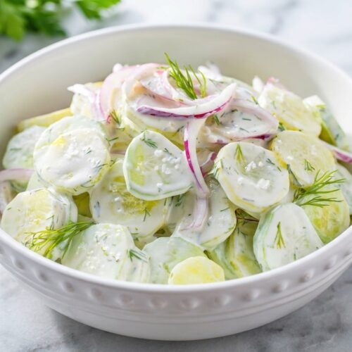 Creamy cucumber salad in a minimalist ceramic bowl on a white marble surface, showcasing the 30-minute salt-press technique.