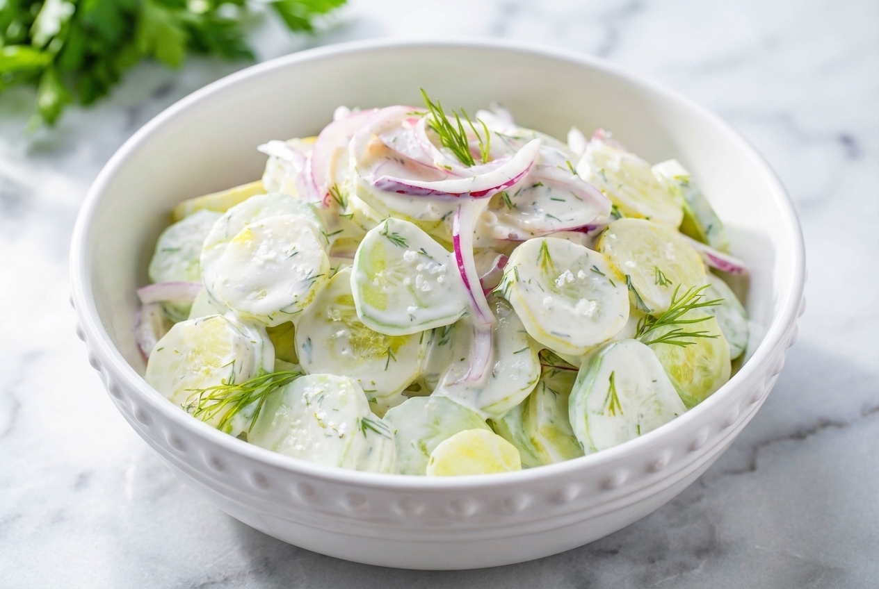 Creamy cucumber salad in a minimalist ceramic bowl on a white marble surface, showcasing the 30-minute salt-press technique.