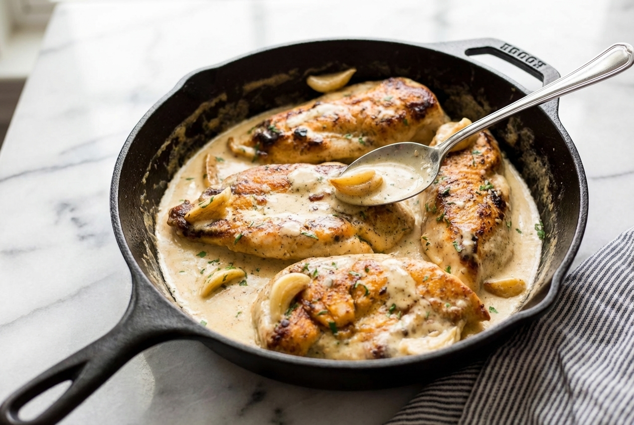 Flat lay of Creamy Garlic Chicken with Dijon-Thyme emulsion in a minimalist ceramic vessel on white marble.