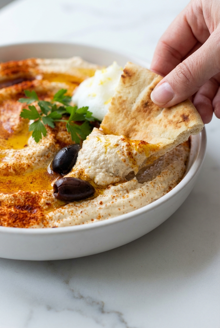 Detailed texture shot of airy whipped feta cheese dip with soft emulsified swirls on a contemporary marble countertop.