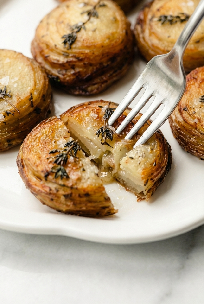 Close-up of Crispy Garlic Butter Potato Rounds showing the bubbly texture of the caramelized miso and brown butter coating.