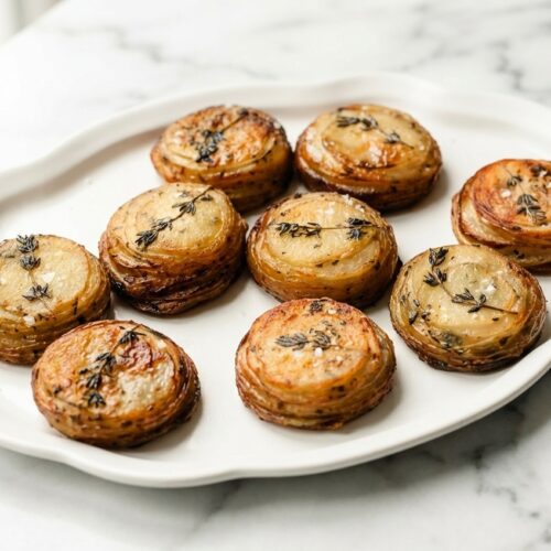 Crispy Garlic Butter Potato Rounds in a white ceramic bowl on marble, featuring a golden miso brown butter glaze.