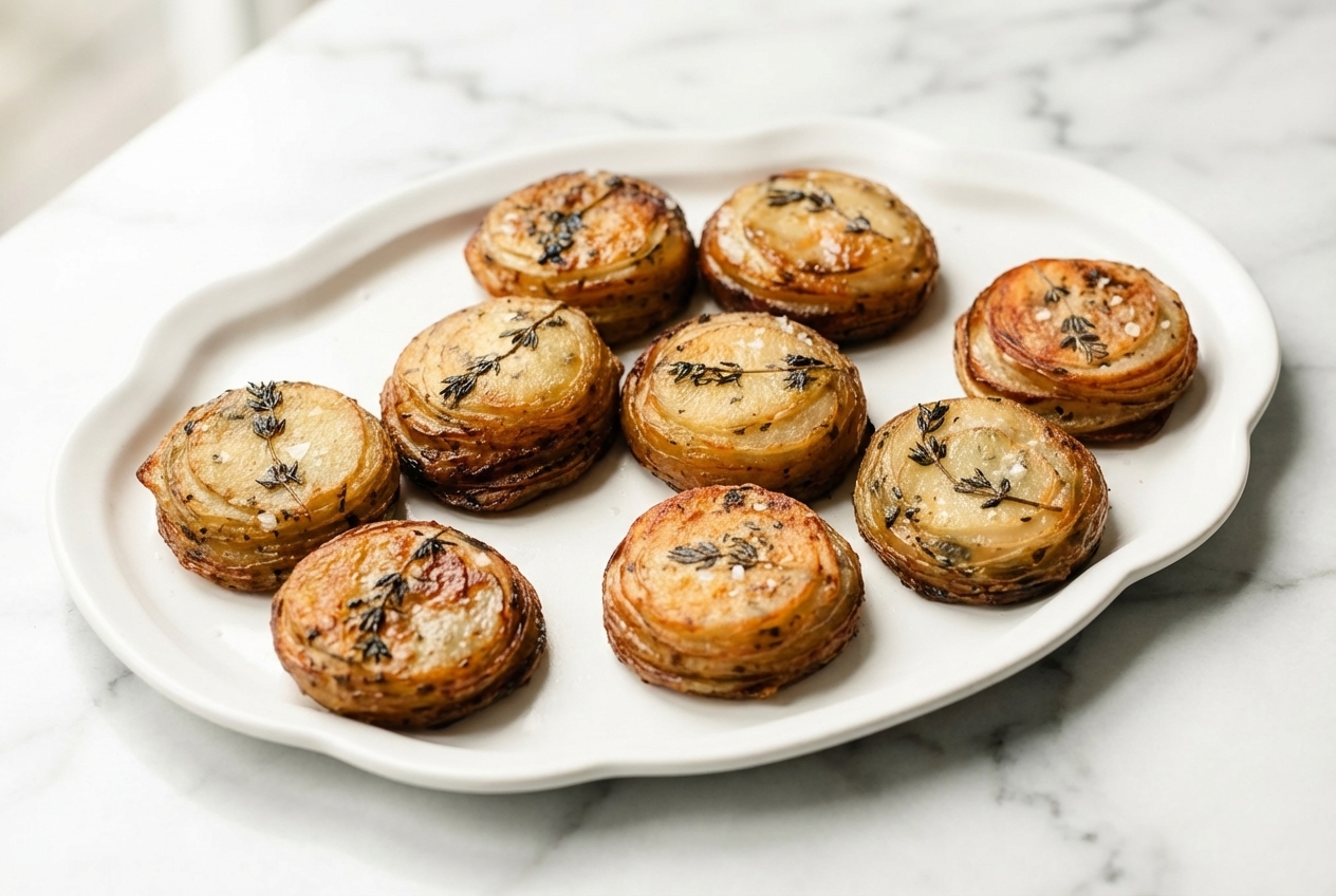 Crispy Garlic Butter Potato Rounds in a white ceramic bowl on marble, featuring a golden miso brown butter glaze.