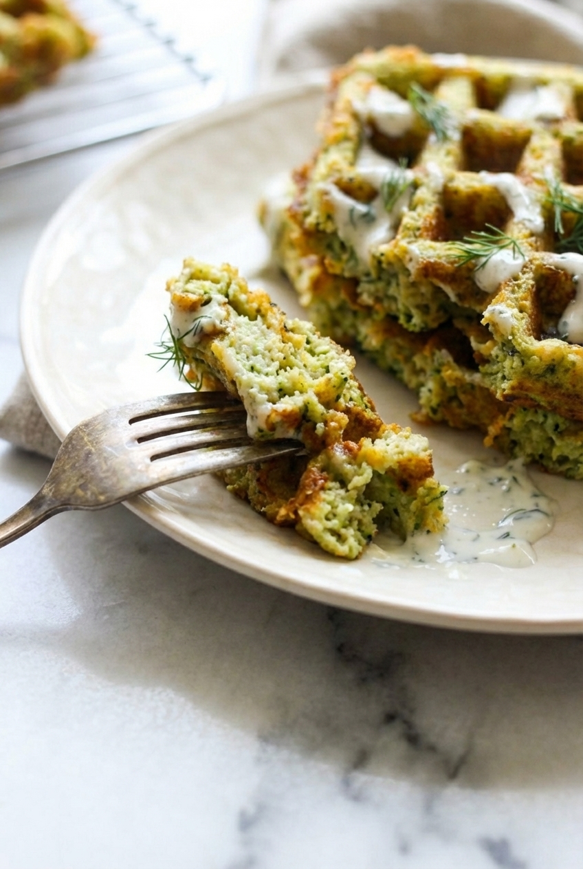 Close-up of the Maillard reaction and lacey parmesan frico crust texture on savory broccoli cheese waffles.