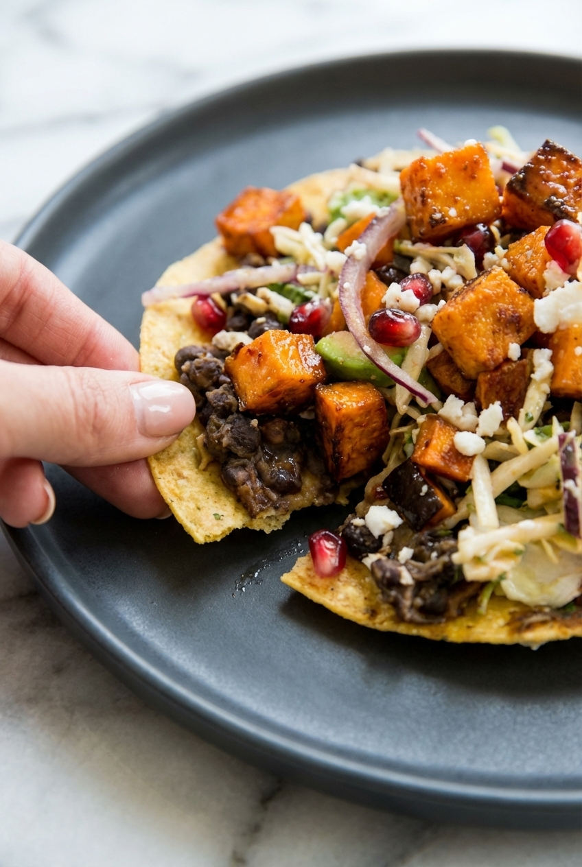Close-up texture of a crunchy corn tortilla for Black Bean Sweet Potato Tostadas on a white minimalist vessel.