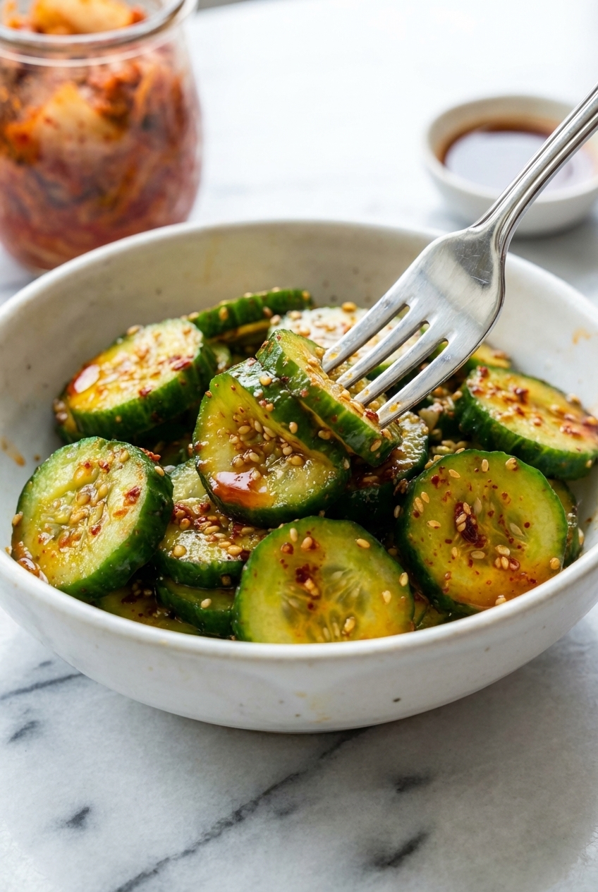 Detailed texture of Crushed Cucumber Salad Korean highlighting the smashing technique and vibrant red gochugaru flakes.