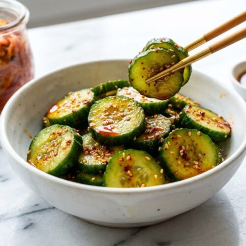 Crushed Cucumber Salad Korean in a ceramic bowl on white marble, showing the crisp Ice-Shock & Double-Dress texture.
