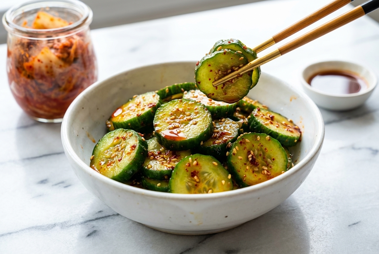 Crushed Cucumber Salad Korean in a ceramic bowl on white marble, showing the crisp Ice-Shock & Double-Dress texture.
