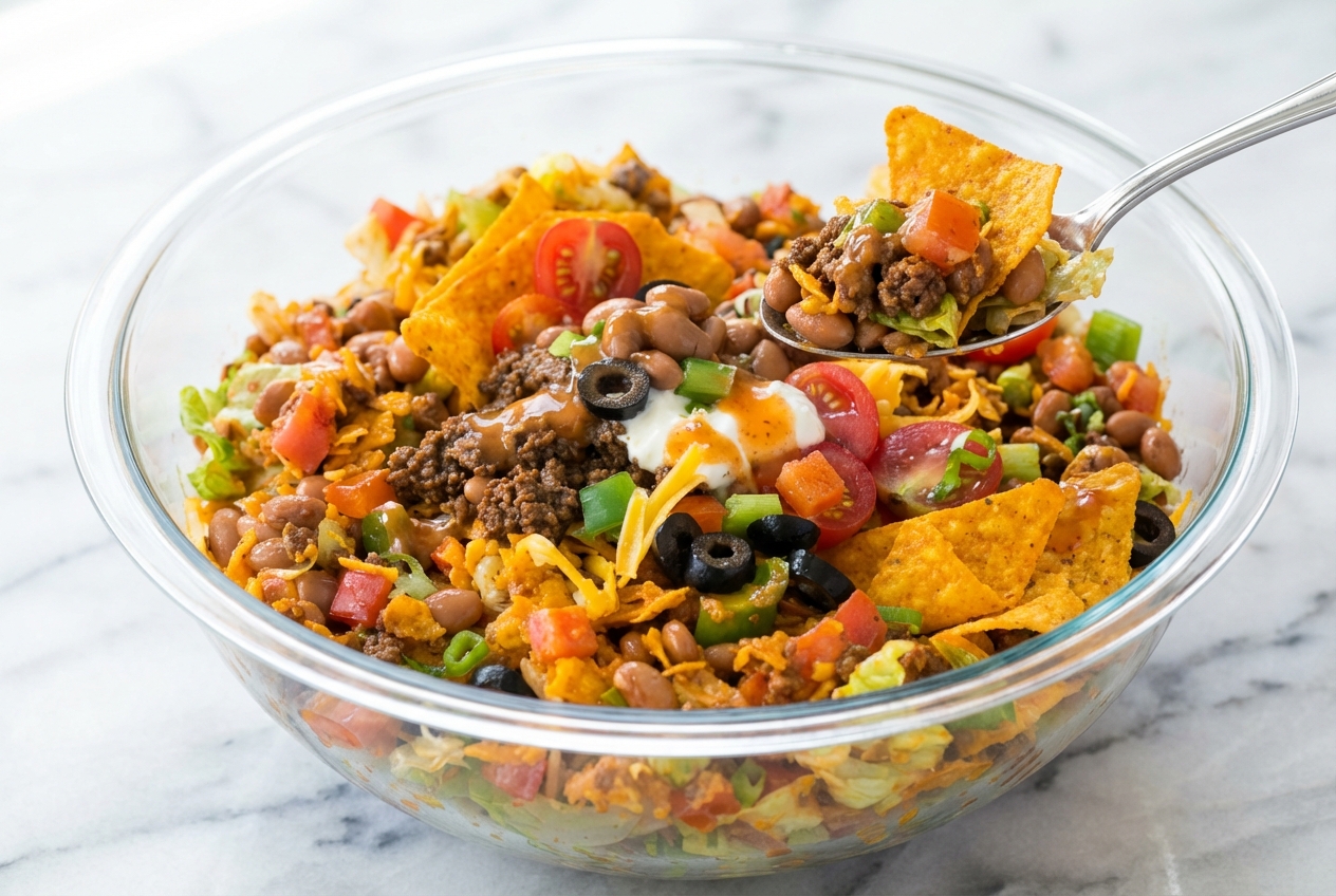 Dorito Beef Taco Salad in a minimalist white ceramic bowl on marble, drizzled with zesty lime-chipotle Catalina emulsion.