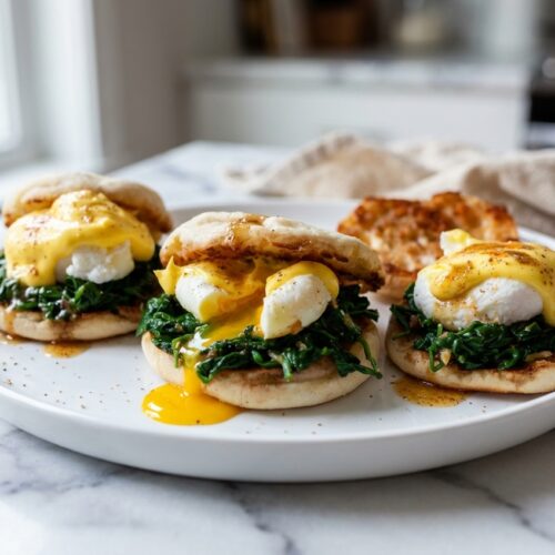 Eggs Florentine with a nutmeg-brown butter infusion on a minimalist ceramic plate over a white marble surface.