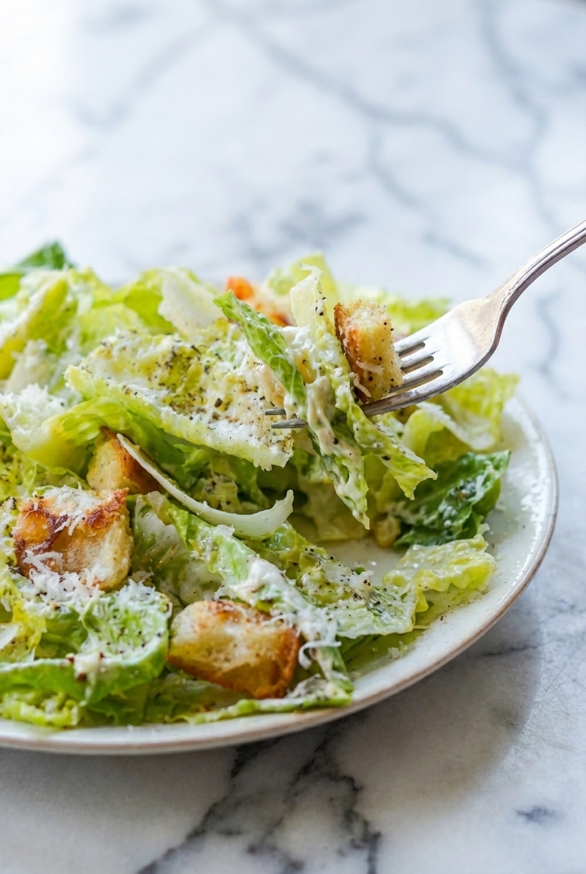 A close-up of the emulsification process for this caesar salad dressing recipe on a white marble surface.