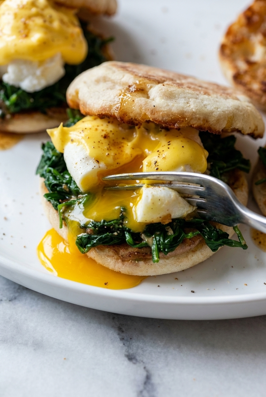 Gourmet Eggs Florentine in a minimalist ceramic vessel bathed in natural window lighting for a professional brunch scene.