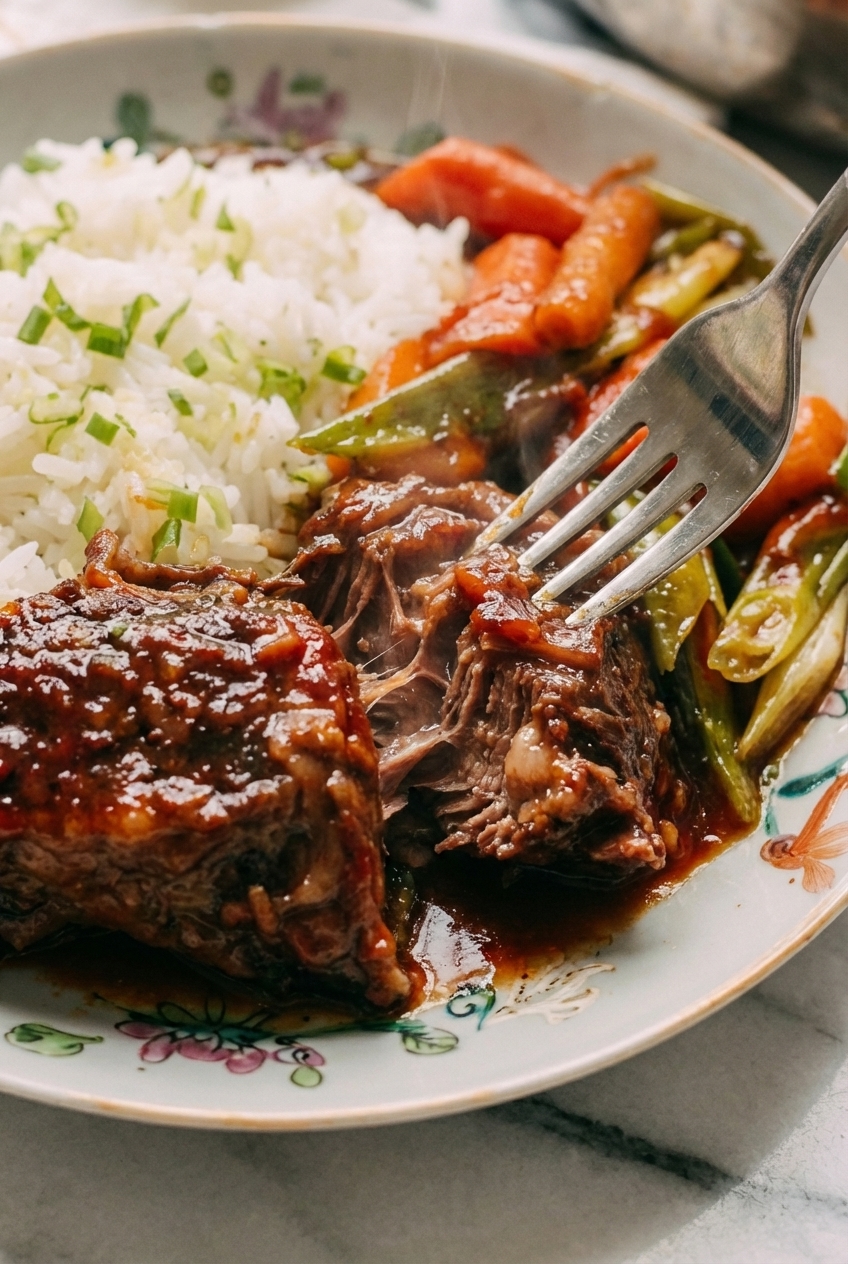 Close-up of fork-tender Pot Roast with Oyster Sauce Gravy showing a rich braised texture on a contemporary countertop.