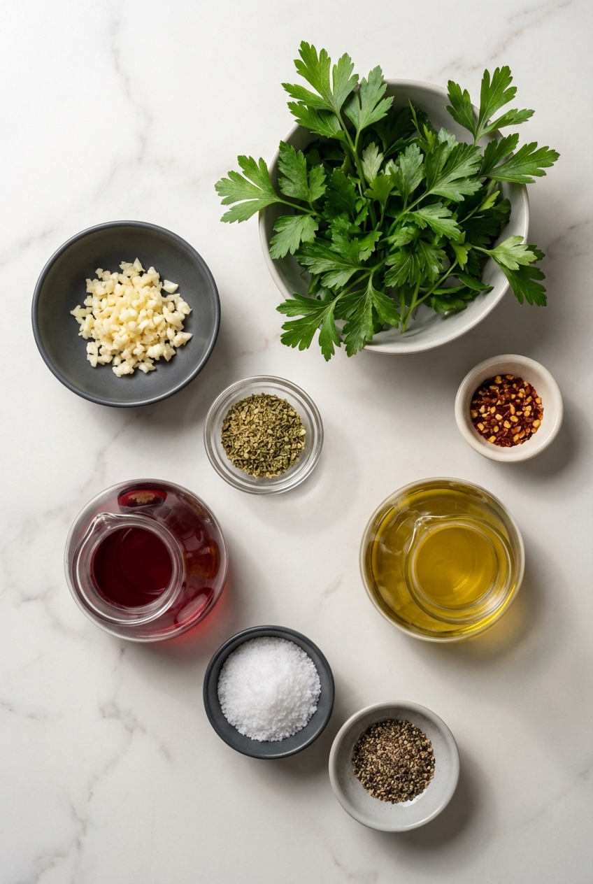 Flat lay of Chimichurri Sauce ingredients: fresh flat-leaf Italian parsley, garlic, shallots, and extra virgin olive oil on marble.