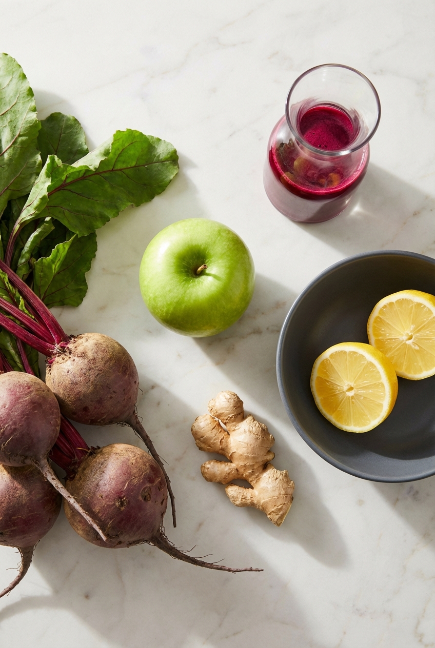 Flat lay of raw Beta vulgaris, fresh baby spinach, and sea salt on a contemporary white marble surface for a Beet Juice Recipe.